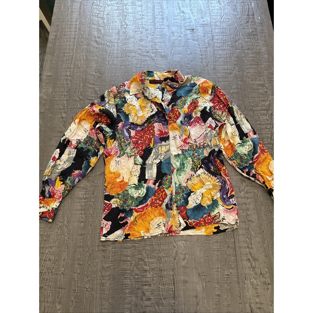 Vintage Novelty Print Button Up Shirt Abstract Art Pop Colorful Small‎